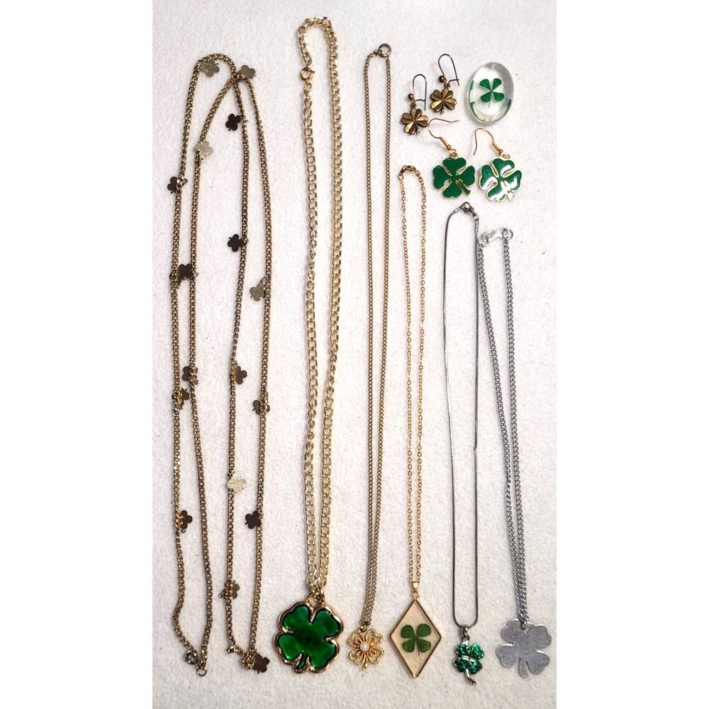 St Patrick's Day Shamrock Clover Jewelry Lot Gold Silver Green Necklace Earrings